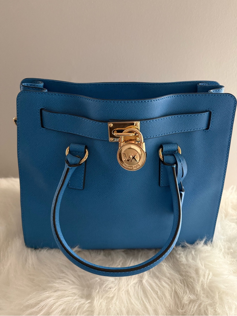 Michael Kors Bright Blue Saffiano Leather Satchel with Gold Hardware